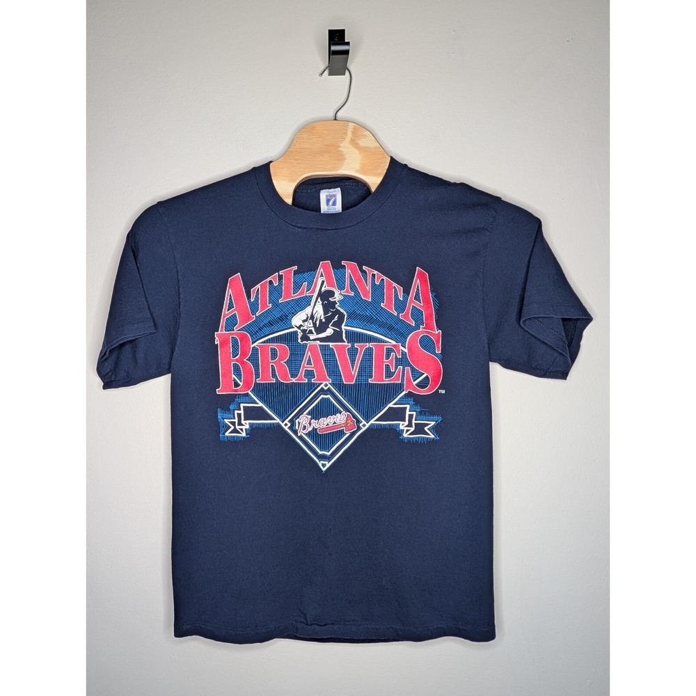Vintage Atlanta Braves Baseball T Shirt Mens Large Logo 7 Navy Blue Tomahawk 90s - Picture 2 of 11
